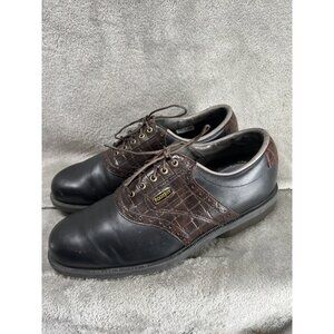 Footjoy Dryjoys Golf Shoes Mens 9.5W Leather Brown Black Cleats Aquaflex 53494